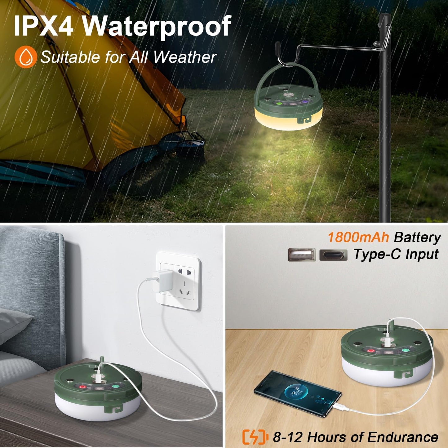 HELESIN 6 in 1 Camping String Lights Outdoor, Waterproof Retractable Portable Stowable String Light with 8 Lighting Modes, USB Rechargeable Tent Lights for Camping, Hiking, Yard, RV (Warm Light)