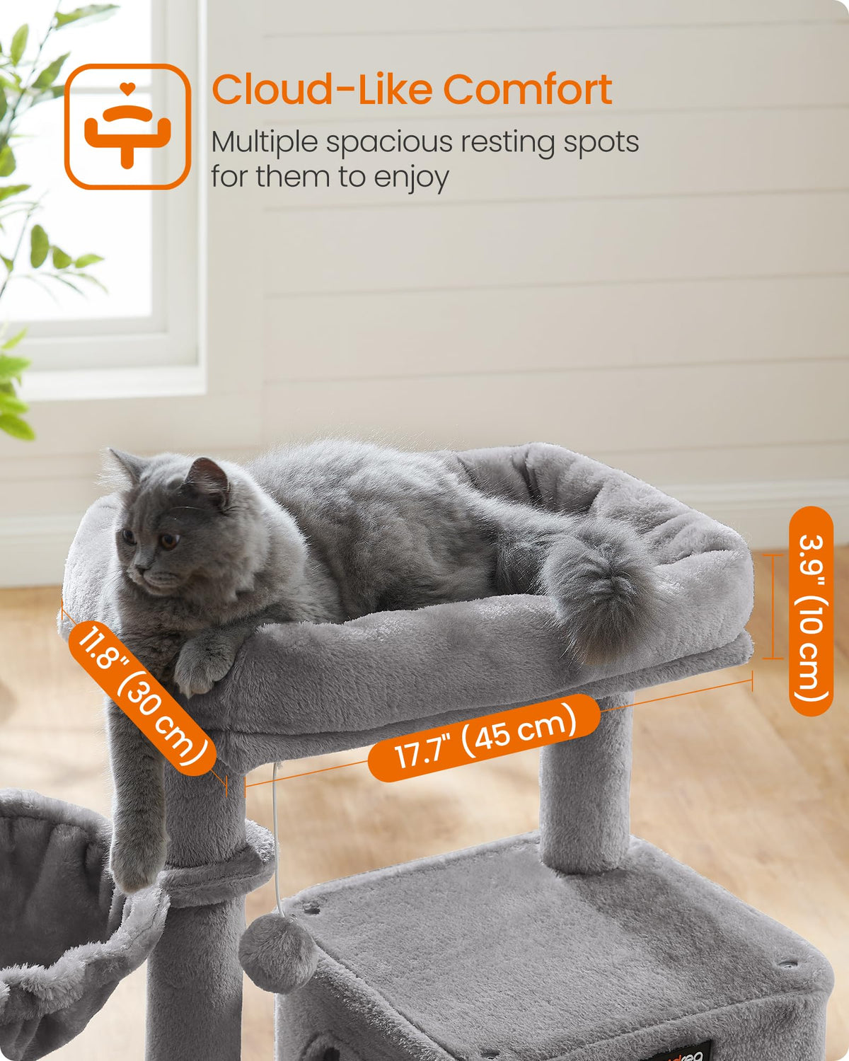 Feandrea Cat Tree, Small Cat Tower with Widened Perch for Large Cats Indoor, Kittens, 96 cm Multi-Level Cat Condo, Scratching Posts and Ramp, 2-Door Cat Cave, Cat Basket, Light Gray UPCT51W