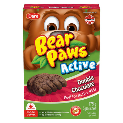 Bear Paws Active Double Chocolate Cookies - Soft Cookie Snack Packs, School Snacks, Made With Real Chocolate Chips, Peanut Free, Family Pack, 175g, 5 Pouches