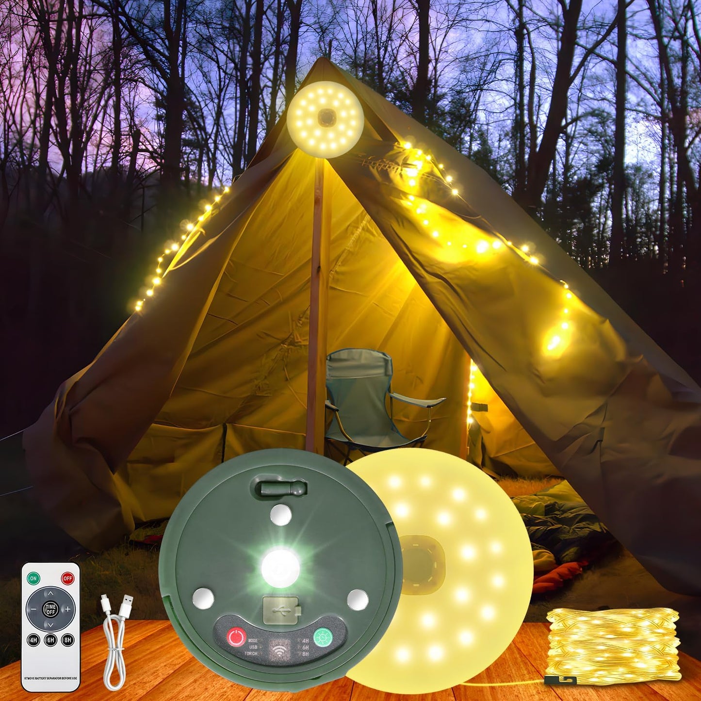 HELESIN 6 in 1 Camping String Lights Outdoor, Waterproof Retractable Portable Stowable String Light with 8 Lighting Modes, USB Rechargeable Tent Lights for Camping, Hiking, Yard, RV (Warm Light)