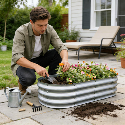 Gardmax Galvanized Raised Garden Bed, Lightweight Planter Boxes Outdoor with Easy Assembly, Large Garden Bed for Vegetables, Fruits, Flower Silver