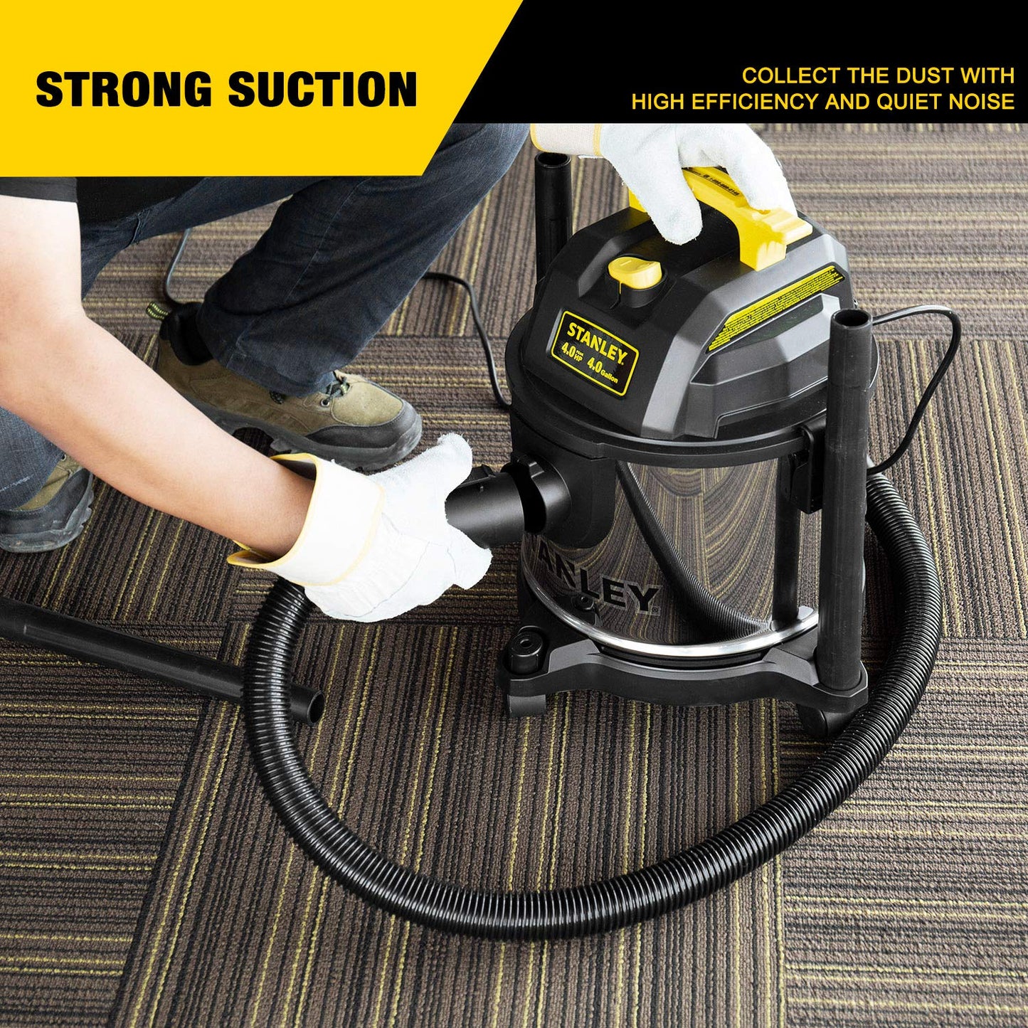 Stanley 4 Gallon Wet Dry Vacuum, 4 Peak HP Stainless Steel 3 in 1 Shop Vacuum Blower with Powerful Suction, for Job Site, Garage, Basement, Model: SL18301-4B