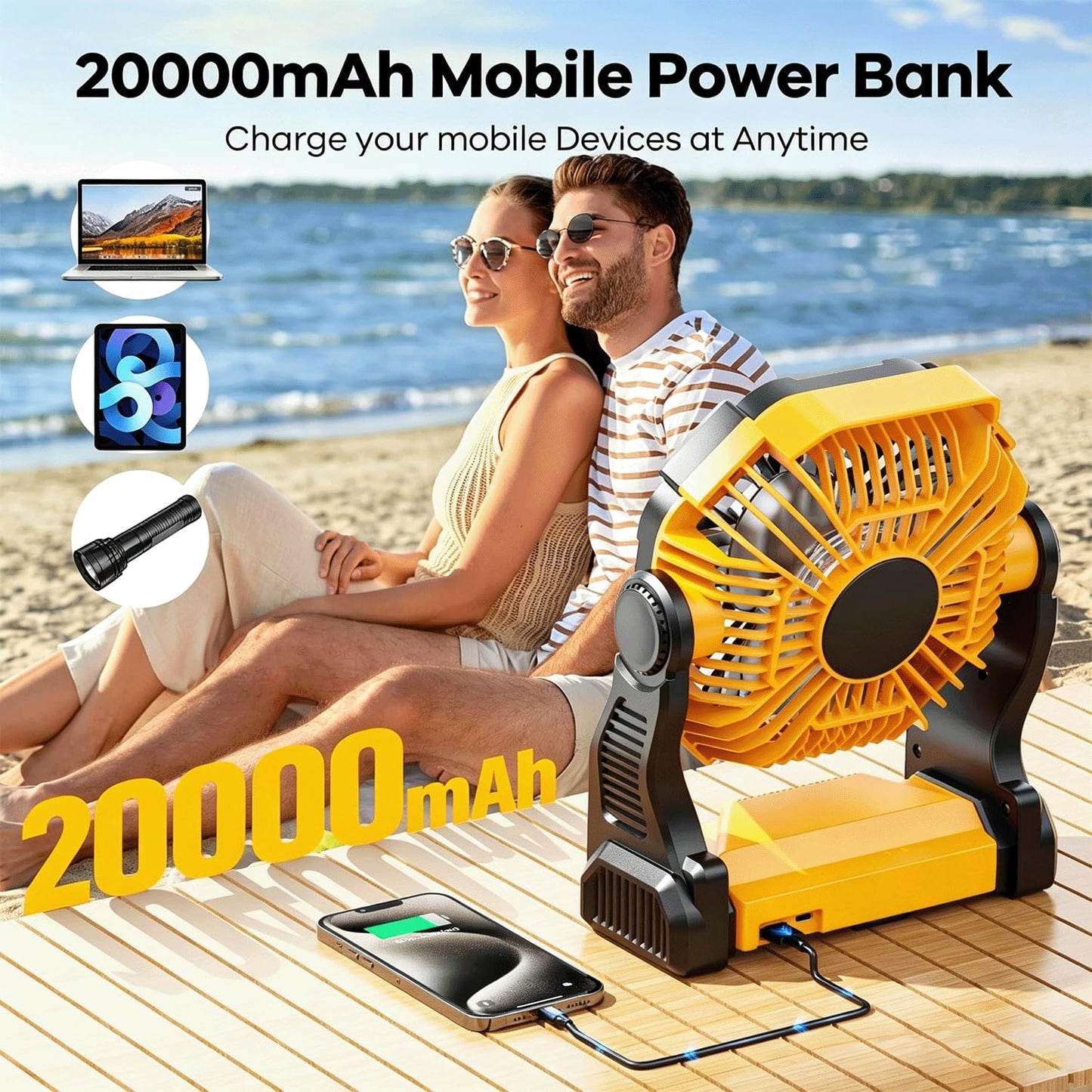 20000mAh Solar Powered Fan, 7W Solar Panel Portable Solar Fan with LED Lantern, Rechargeable Battery Powered Camping Fan for Picnic, Barbecue, Fishing, Travel (Yellow, Milliamp Hours, 20000)