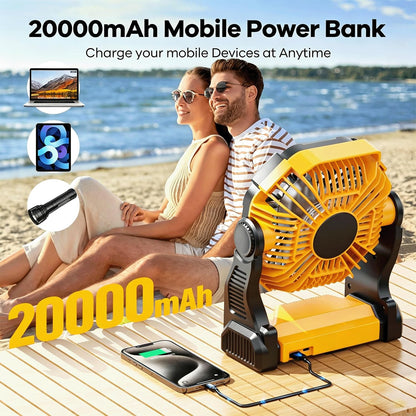 20000mAh Solar Powered Fan, 7W Solar Panel Portable Solar Fan with LED Lantern, Rechargeable Battery Powered Camping Fan for Picnic, Barbecue, Fishing, Travel (Yellow, Milliamp Hours, 20000)