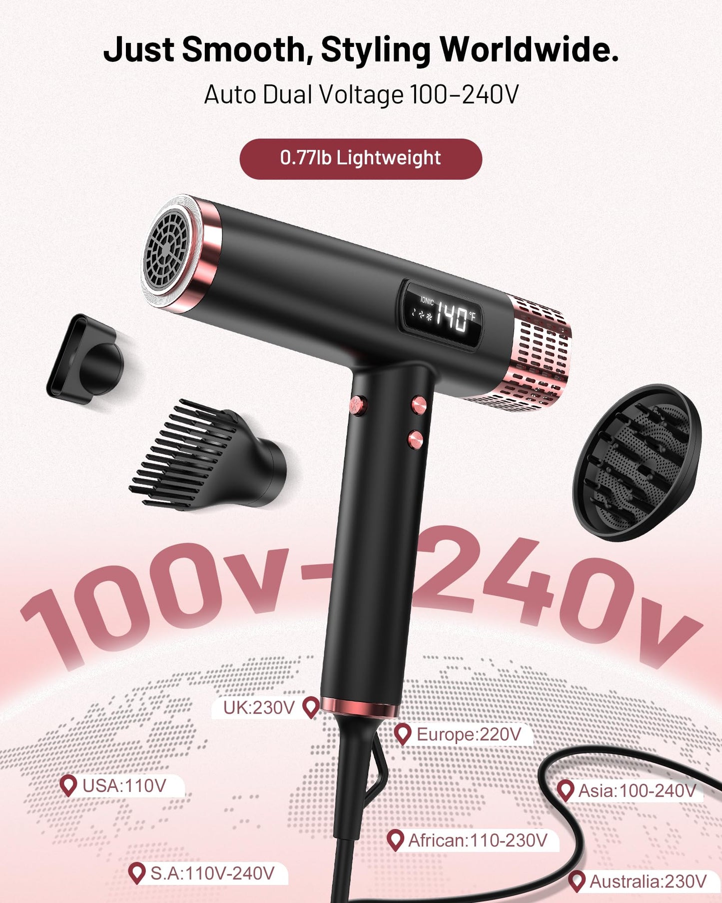 Dual Voltage Travel Hair Dryer with Diffuser - Professional High-Speed Ionic Blow Dryer for Women, Dark, HD-3222