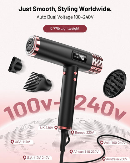 Dual Voltage Travel Hair Dryer with Diffuser - Professional High-Speed Ionic Blow Dryer for Women, Dark, HD-3222