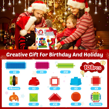 Bristle Blocks,Interlocking Building Blocks Construction Toys for 3 4 5 6 Year Old Boys Girls,Enlarge Building Toy for Creativity Skill,Durable Sensory Toys for Toddlers Christmas Birthday Gift 108PCS