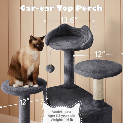 Yaheetech 54in Cat Tree, Multi-Level Cat Tower with Spacious Kitten-ear Perch, 2 Cozy Caves, Scratching Posts, Climbing Ladder, 2 Plush Balls, Durable Pet House Furniture for Indoor Kittens, Dark Gray