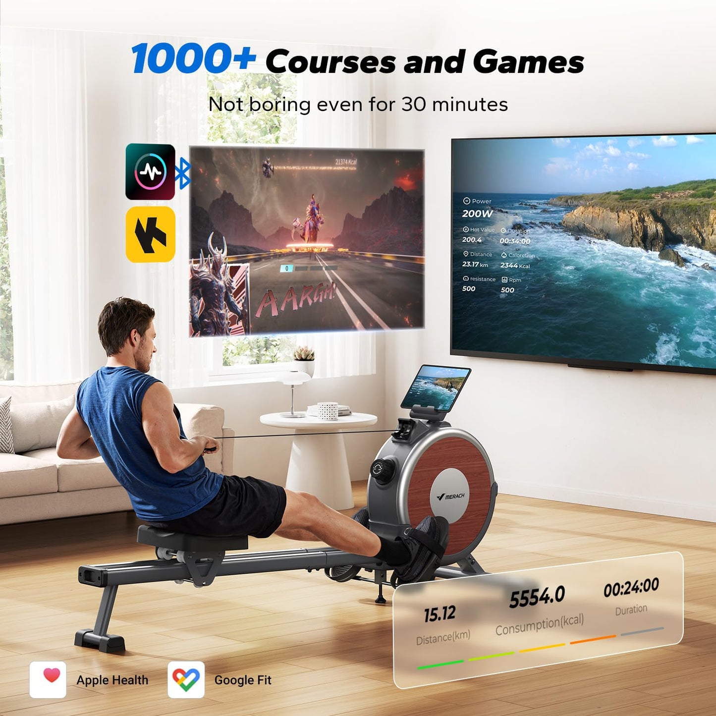 Rowing Machine, MERACH Bluetooth Magnetic Rower Machine with Dual Slide Rail, 16 Levels of Electromagnetic Resistance, Max 350lb Weight Capacity, App Compatible, Rowing Machines for Home Use