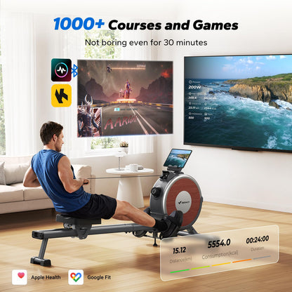 Rowing Machine, MERACH Bluetooth Magnetic Rower Machine with Dual Slide Rail, 16 Levels of Electromagnetic Resistance, Max 350lb Weight Capacity, App Compatible, Rowing Machines for Home Use