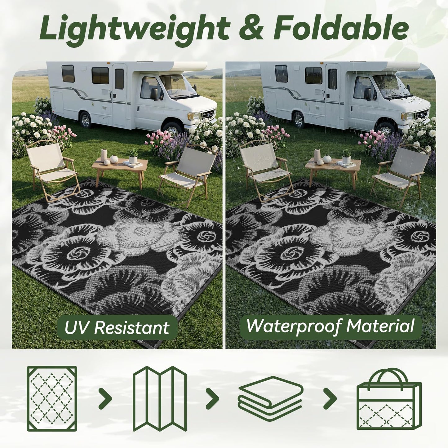 COCOER-Outdoor Rug-Patio Rug 5x8 ft Waterproof Outdoor Patio Rug Picnic Mat Outside for Courtyard Deck Balcony Backyard Reversible Portable Tapis Exterieur Black White Floral