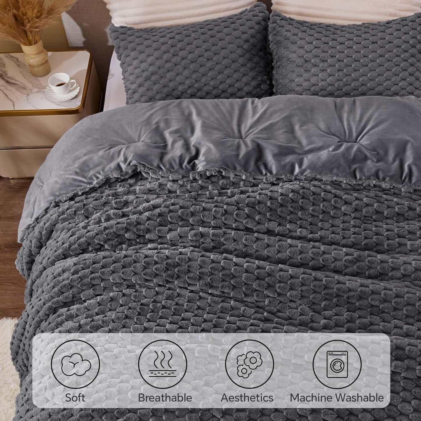 BEDELITE Fluffy Queen Comforter Set, Grey Fleece Bed Set 3 Pieces