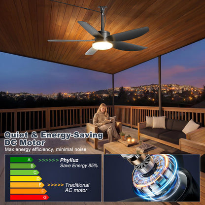 Phylluz 42 Inch Waterproof Outdoor Ceiling Fan with Light, Modern Ceiling Fans with 3 Colors LED Light, App & Remote Control, Quiet DC Motor, for Patios Gazebo, Black