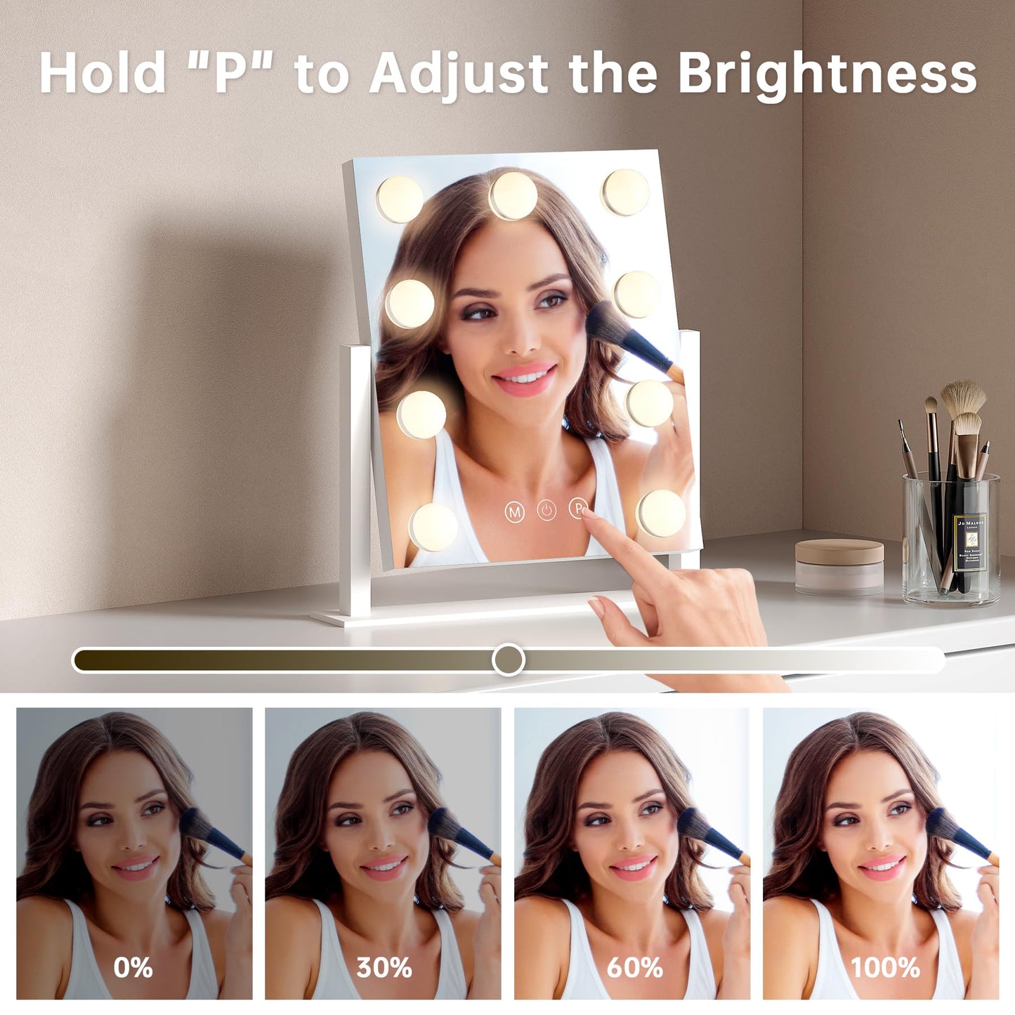 PUKANIUM Vanity Mirror with Light, Hollywood Mirror with Light, Makeup Mirror, 9 Dimmable LED Bulbs, 3 Colors Modes,Smart Touch Control, White