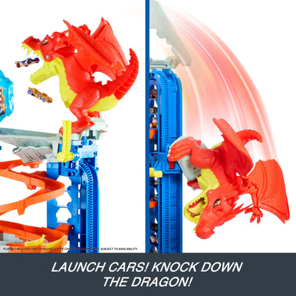 Hot Wheels City Ultimate Garage Track Set with 2 Die-Cast Toy Cars & Car-Eating Dragon, Stores 50+ Vehicles, 4 Levels