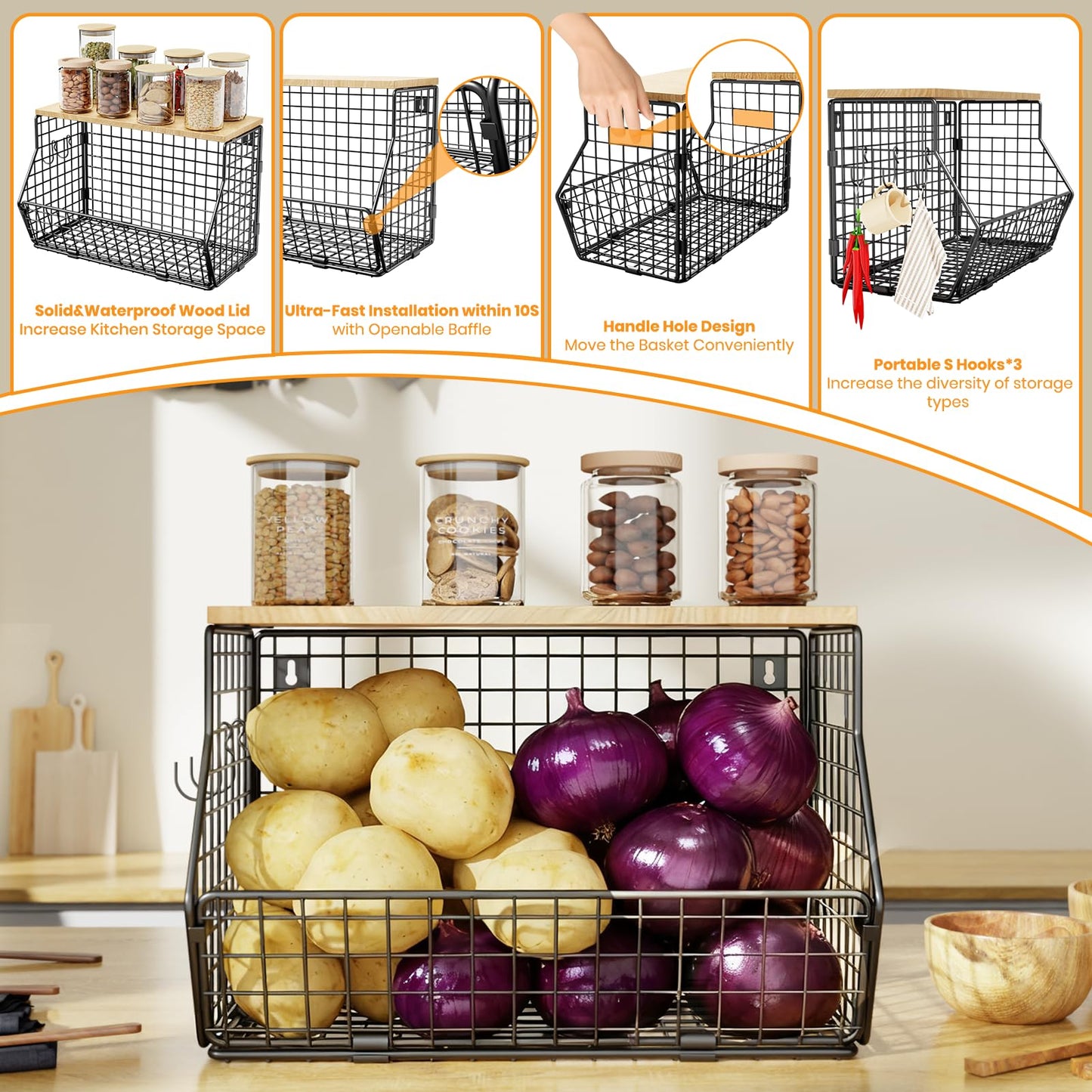 Goovilla Wire Fruit Basket Metal, Kitchen Hanging Fruit Bowl with 3 Banana Hanger, Kitchen Countertop Rack with Wood Lid, Wall mounted Storage Baskets for Vegetables, Bread