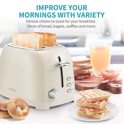 Ultrean Toaster 2 Slice with Extra-Wide Slot, Stainless Steel Toaster with Removable Crumb Tray, Small Toaster with 6 Browning Settings, Cancel, Bagel, Deforest Functions, 825 W (Cream)