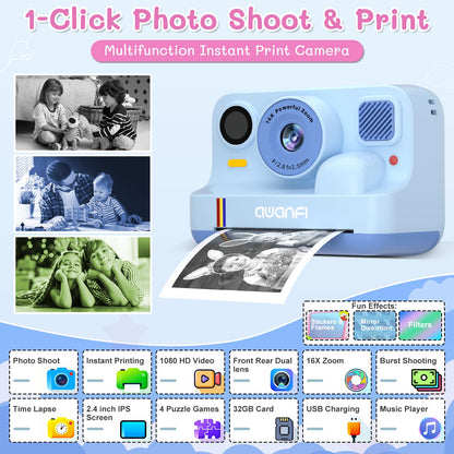 AWANFI Kids Camera Instant Print Toys, 48MP Digital Camera with 1080P Video, 32GB SD Card & 3 Rolls Printing Paper, Fun Instant Print Camera for Kids Ages 3-16, Perfect Christmas & Birthday Gift Blue