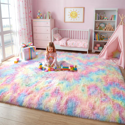 Huiuhjirug Rainbow Fluffy Rug,5x7 Washable Carpet for Living Room Girls Kid