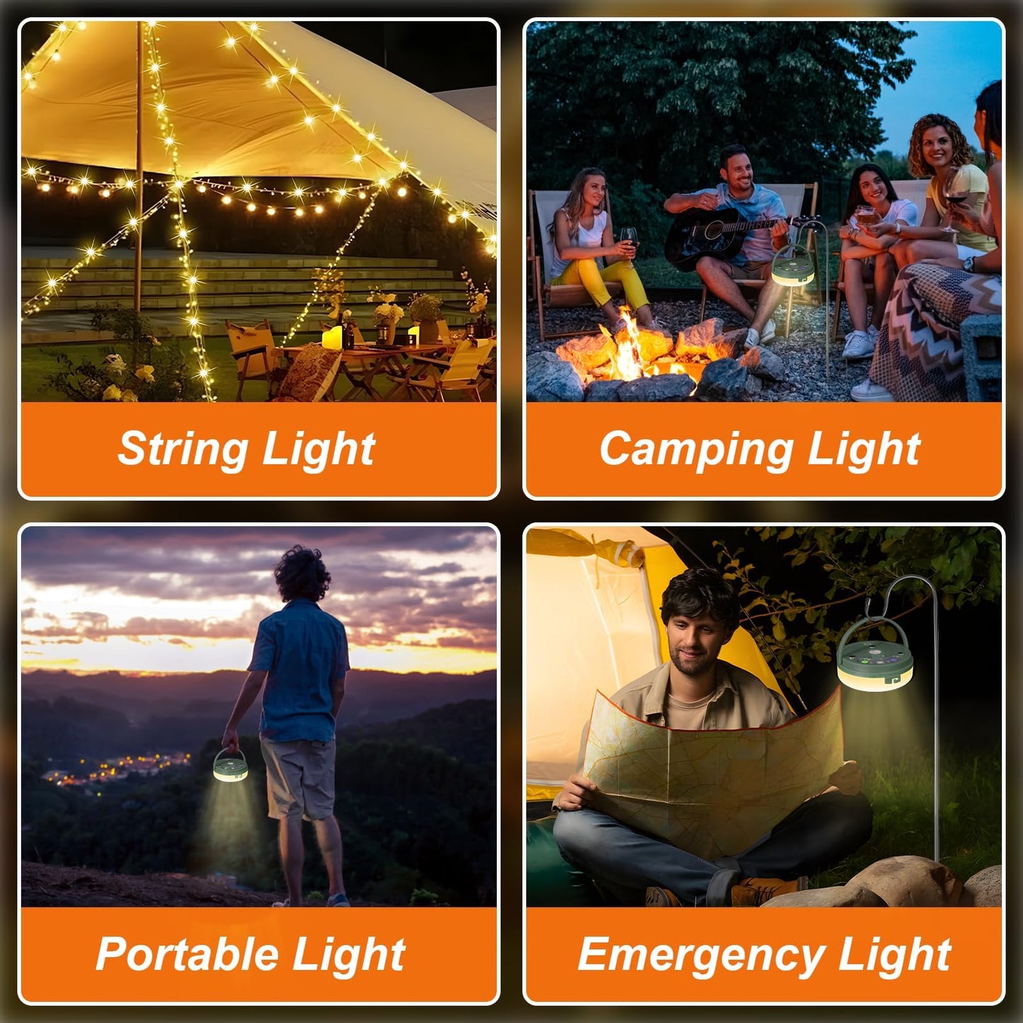 HELESIN 6 in 1 Camping String Lights Outdoor, Waterproof Retractable Portable Stowable String Light with 8 Lighting Modes, USB Rechargeable Tent Lights for Camping, Hiking, Yard, RV (Warm Light)
