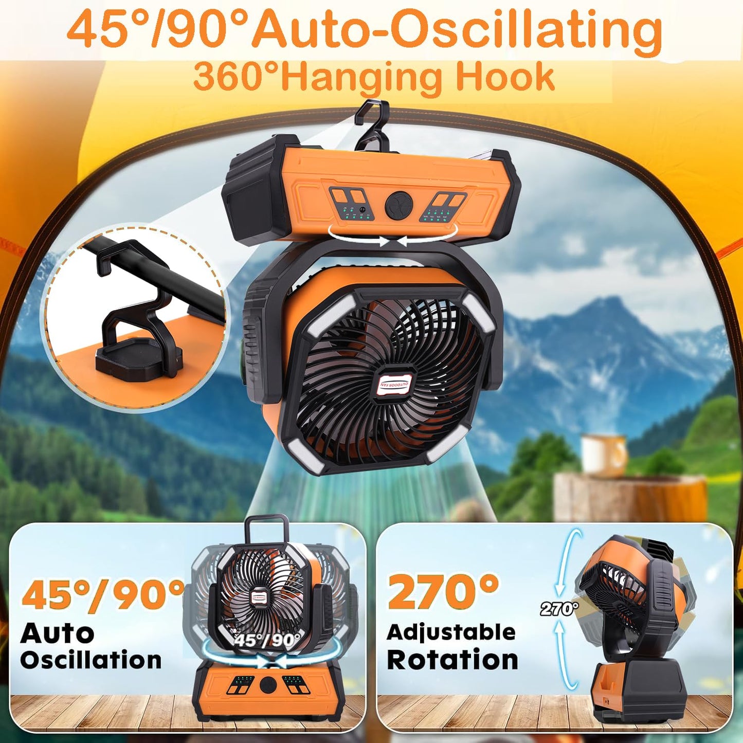 VolyCyrenic Camping Portable Fan, 16000mAh Rechargeable Battery Powered Fans with LED Light for Tent, Auto Oscillation Desk Fans with Remote & Hook & Timer, Orange