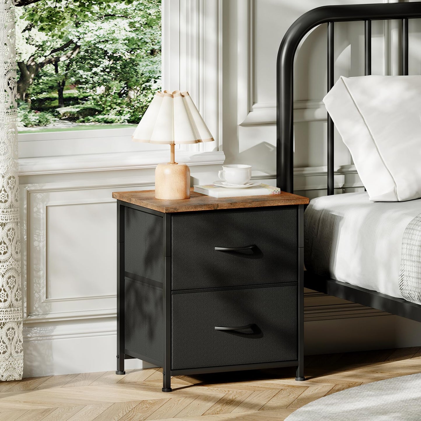 Somdot Nightstand, Bedside Table, 2 Drawers, Black Rustic Brown