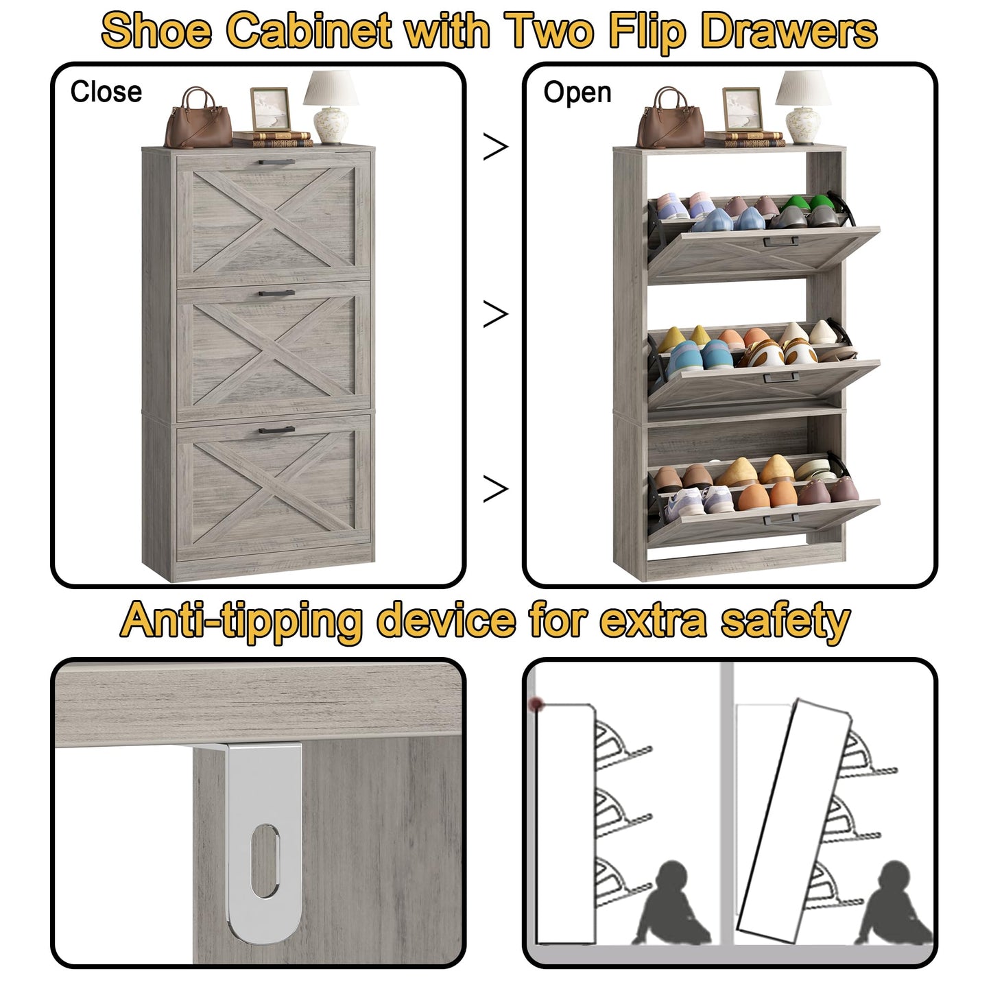 HOMEFORT Shoe Storage Cabinet for Entryway,24" Slim Shoe Organizer with 3 Flip Drawers, Narrow Shoe Rack for Front Door Entrance Washed Gray