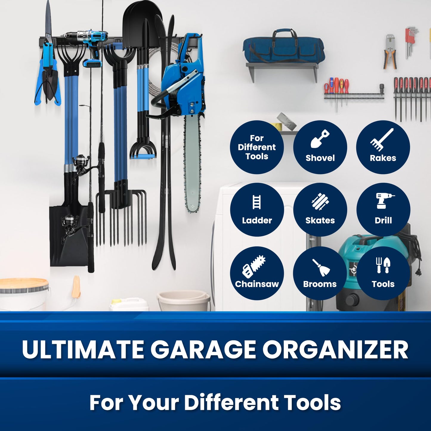 SUKIZZ Garage Storage, Garage Organization, Garage Tool Organizer Wall Mount, Garden Tool Organization and Storage 64 Inches, Max 630lbs Adjustable Metal Hooks, Hangers Garden Yard Tool Rack,