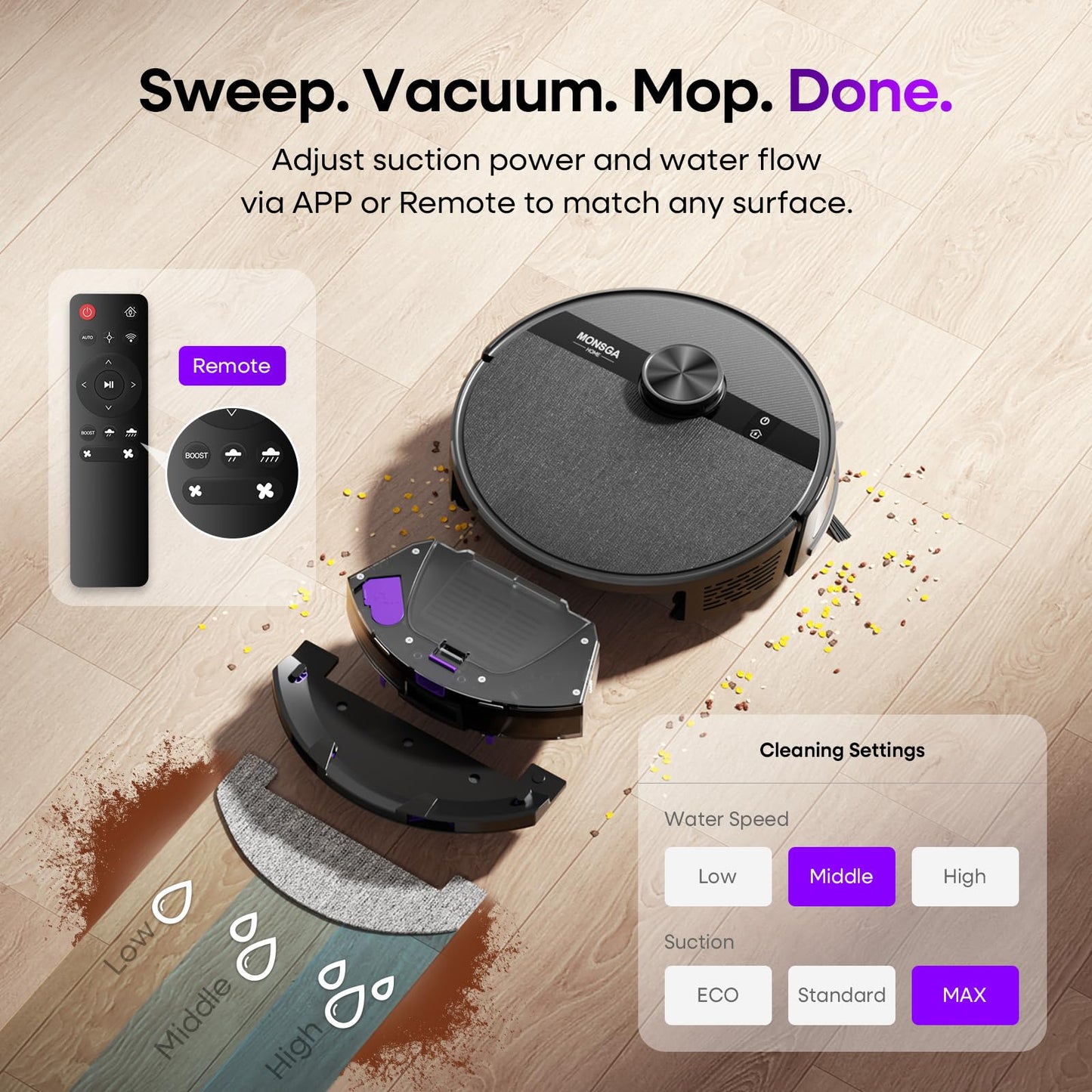 MONSGA Robot Vacuums and Mop, 7000Pa Robotic Vacuum with Lidar Navigation, 180mins Runtime, Tangle-Free Robot Mop, 5 Editable Maps, APP/Remote Control, Ideal for Hard Floors and Carpets