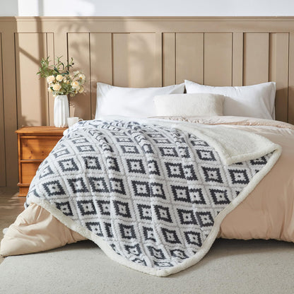 Lotus Karen Sherpa Throw Blankets for Couch Thick and Warm Blanket for Winter Soft Fuzzy Cozy Fluffy Blanket for Sofa Diamond Jacquard Grey 50"x60"