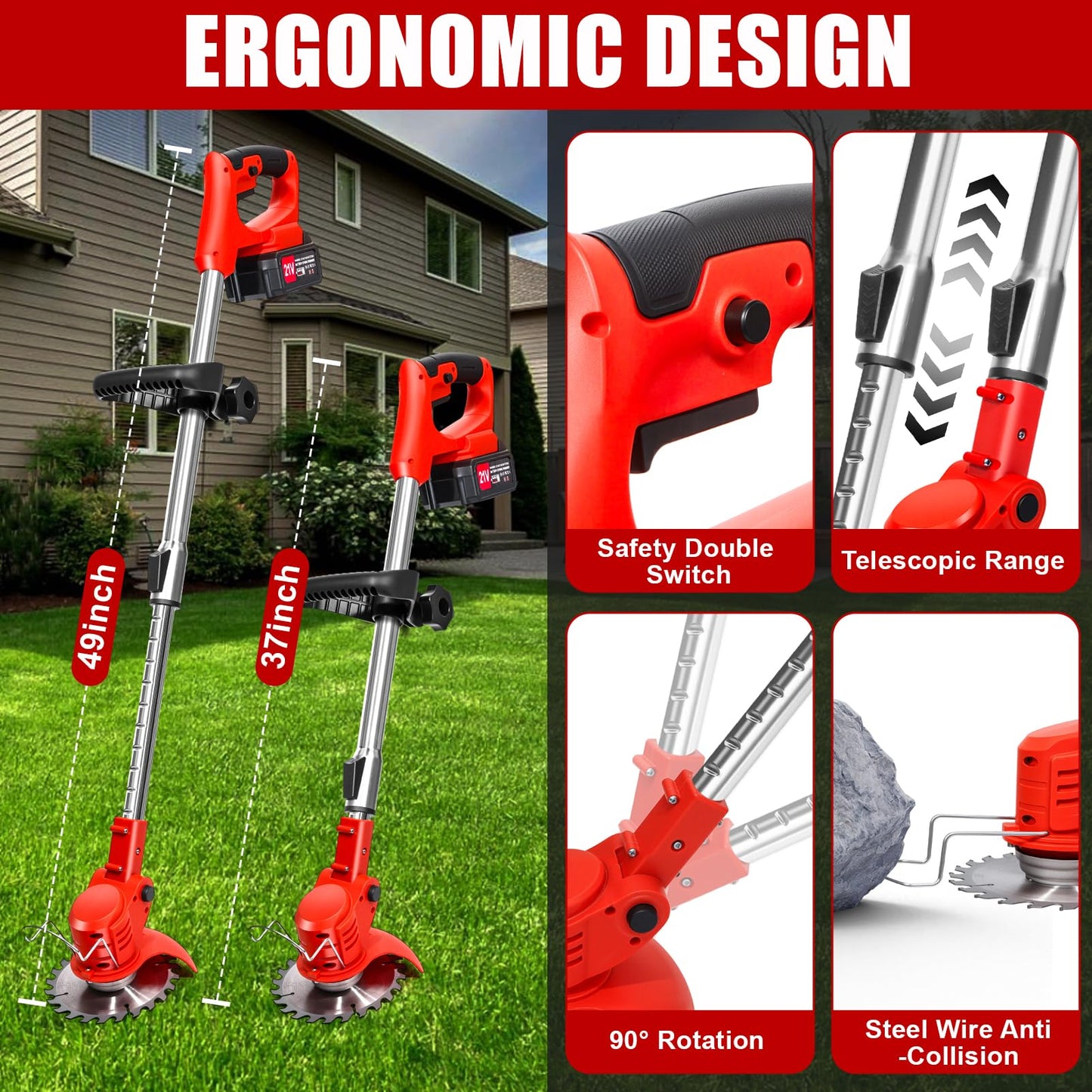 21V Cordless Weed Wacker for Women Seniors Lightweight Grass Trimmer – Includes 2 Batteries and Wheels 3-in-1 Weed Trimmer Edger Brush Cutter for Thick Grass, Small Yards, Gardens, and Fences
