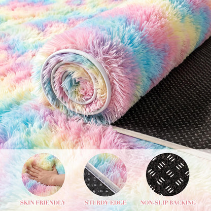 Huiuhjirug Rainbow Fluffy Rug,5x7 Washable Carpet for Living Room Girls Kid