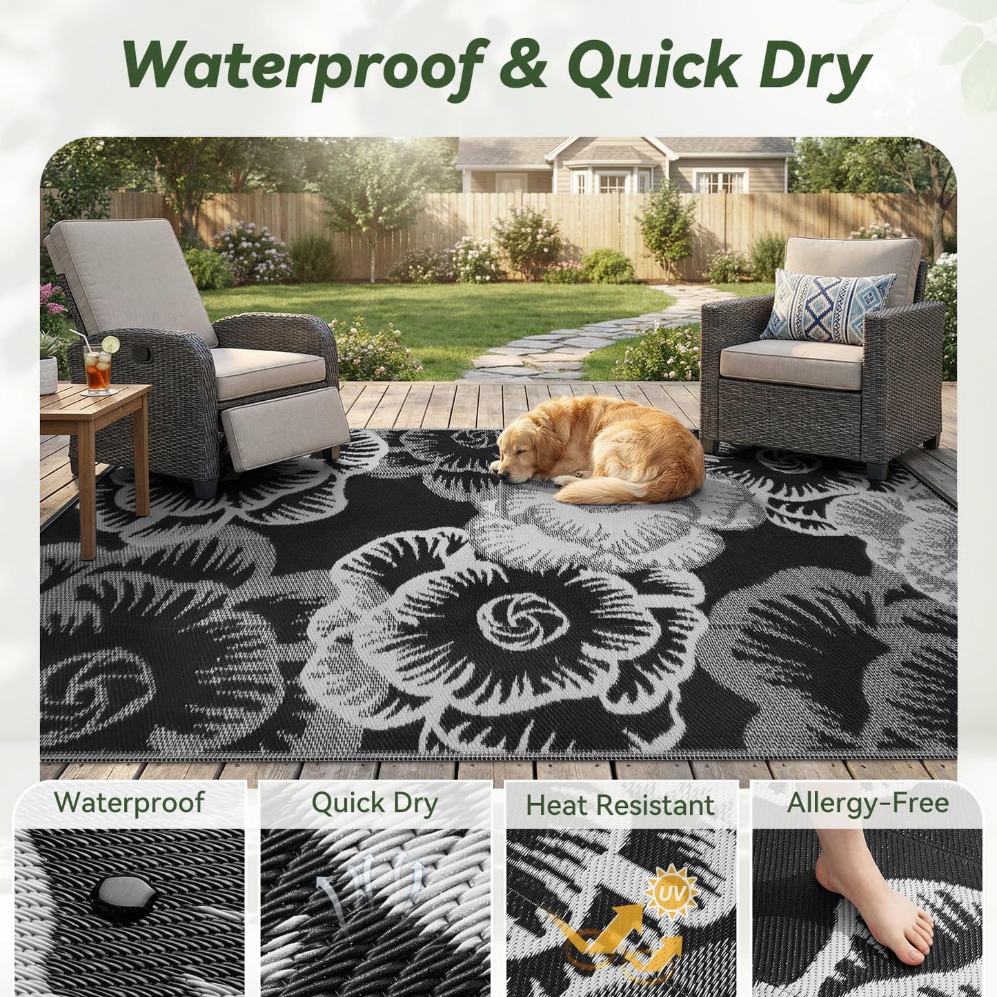 COCOER-Outdoor Rug-Patio Rug 5x8 ft Waterproof Outdoor Patio Rug Picnic Mat Outside for Courtyard Deck Balcony Backyard Reversible Portable Tapis Exterieur Black White Floral