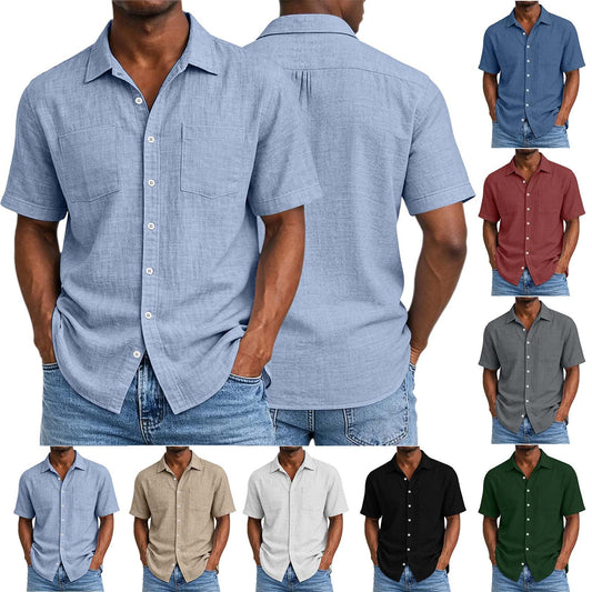 Button up Shirts Men, Mens Cotton Linen Shirts Short Sleeve Button Down Shirt Collared Dressy Casual Work Tops Beach Summer Shirts with Pockets Light Blue