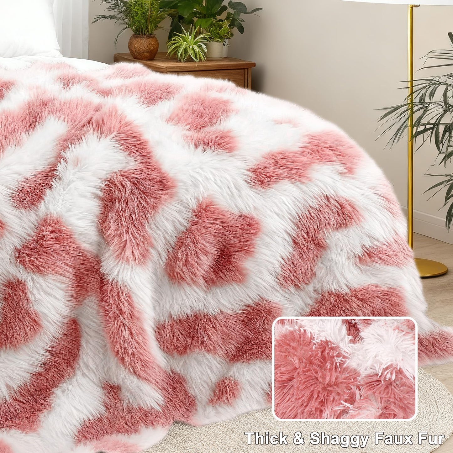 Cow Print Throw Blanket for Couch - Luxury Soft Shaggy Faux Fur Blanket, Cute Fuzzy Plush Cozy Fluffy Blankets for Girls Women, Warm Comfy Bed Sofa Decor, Birthday Gifts,50"x60"(Cow Print Pink)