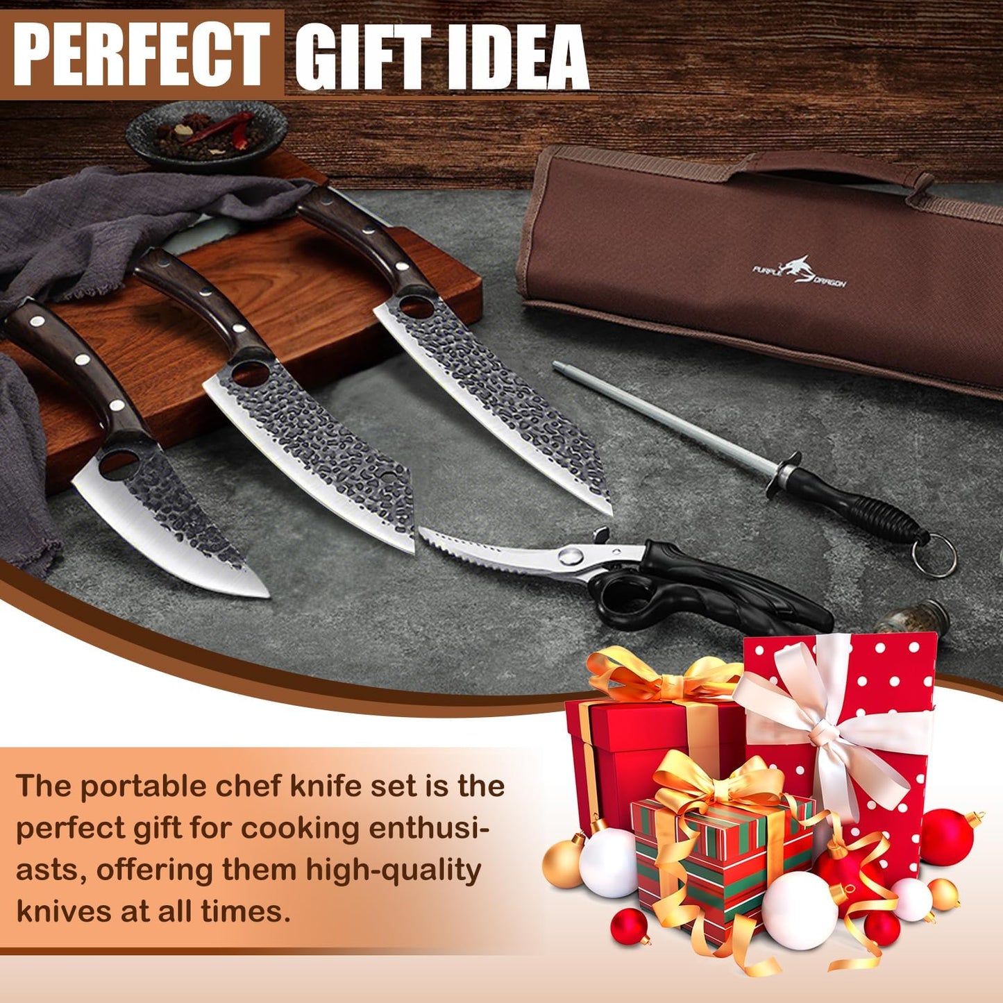 Purple Dragon 6 pcs Chef Knife Set, High Carbon Steel Hand Forged Meat Boning Carving Cleaver Butcher Knife with Accessories for Kitchen, BBQ Camping Knives Set, Christmas Gift for Man