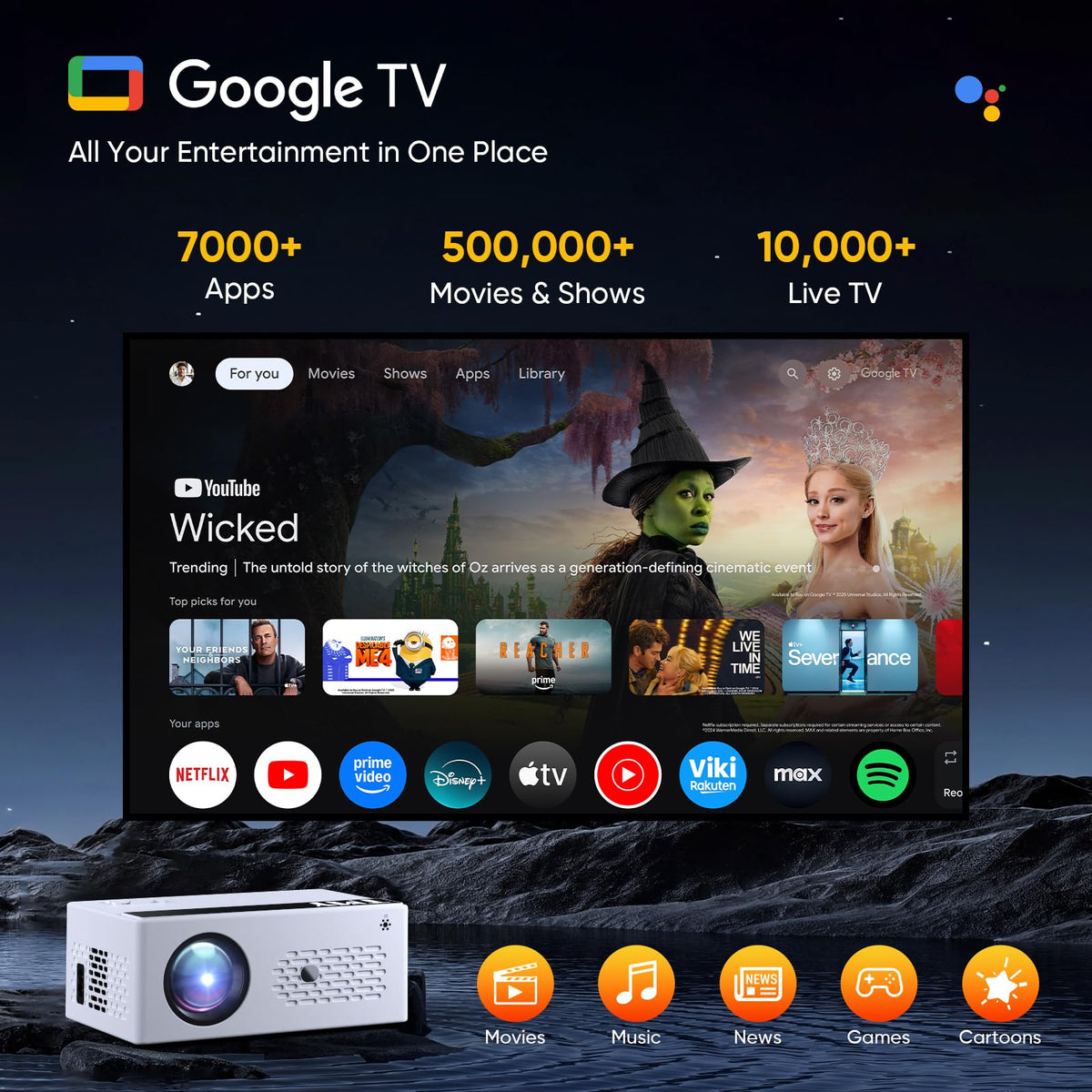 TMY Smart Projector 4K【Bundled with Google TV 14.0】 Mini Projectors Compatible with Netflix, Portable Projecteur with Electric Focus & Keystone, Home Projecteur WiFi6 & Bluetooth for Indoor & Outdoor