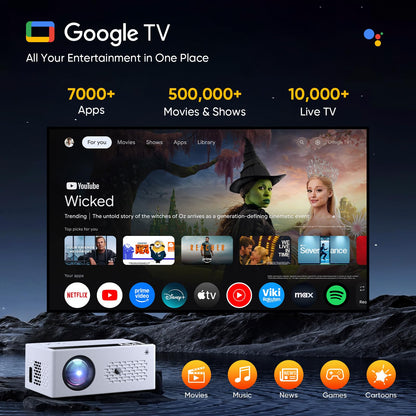 TMY Smart Projector 4K【Bundled with Google TV 14.0】 Mini Projectors Compatible with Netflix, Portable Projecteur with Electric Focus & Keystone, Home Projecteur WiFi6 & Bluetooth for Indoor & Outdoor