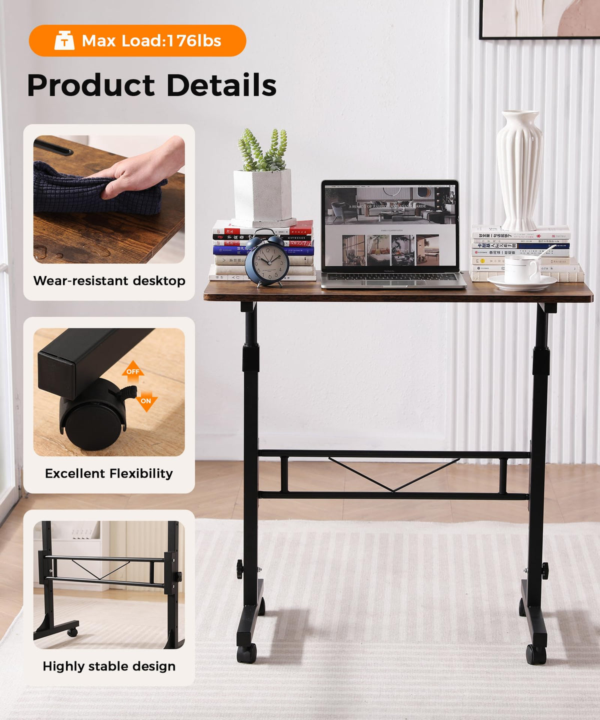 Small Standing Desk Adjustable Height 32 Inch Mobile Sit Stand up Desk Portable Rolling with Wheels Standing for Walking pad Treadmill Rustic