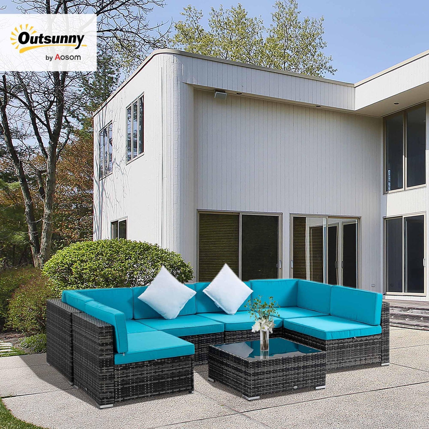 Outsunny 7 Piece Patio Furniture Set, PE Rattan Outdoor Conversation Set with Sectional Sofa, Glass Tabletop, Cushions and Pillows for Garden, Lawn, Deck, Mixed Grey and Sky Blue
