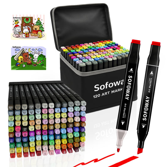 120 Colors Alcohol Markers, Sofoway Dual Tip Art Markers with Fine Bullet & Chisel Tips, Carrying Case and Pen Holder for Coloring, Sketching and Illustration