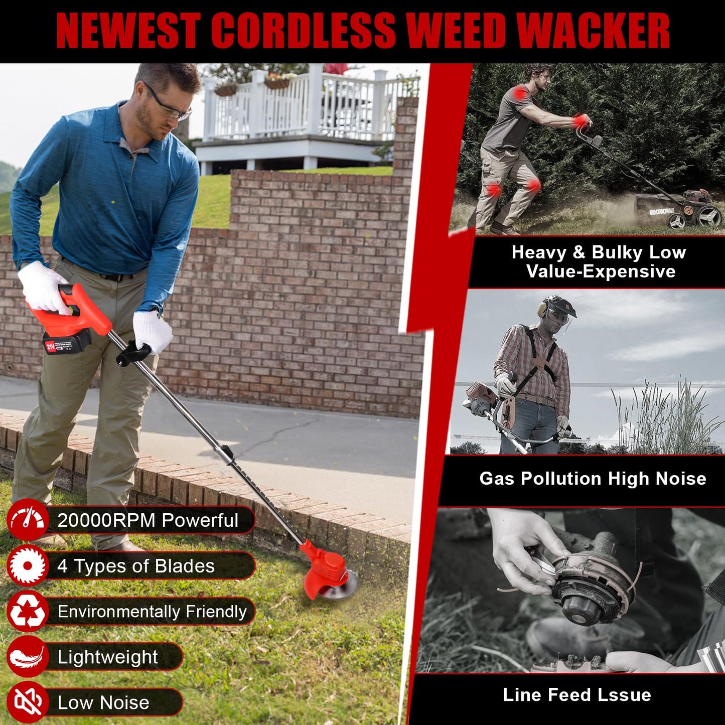 21V Cordless Weed Wacker for Women Seniors Lightweight Grass Trimmer – Includes 2 Batteries and Wheels 3-in-1 Weed Trimmer Edger Brush Cutter for Thick Grass, Small Yards, Gardens, and Fences