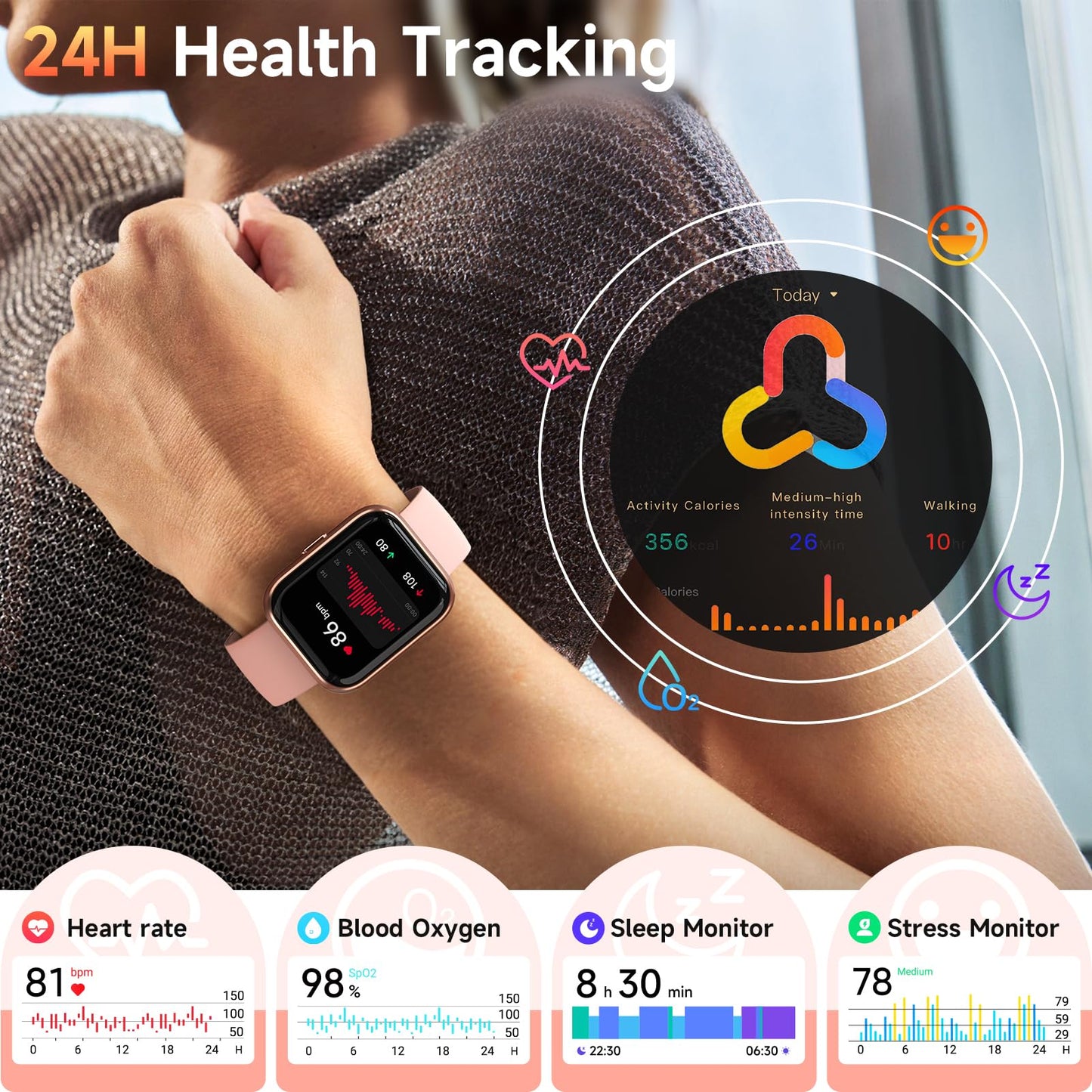 Quican Smart Watch for Women (Android/iPhone), 1.8" UHD Alexa Smart Women Watch with Calls/Messages, 3ATM 120+ Sport Modes Fitness Tracker Watch with SpO2/Heart Rate Monitor, Sleep/Activity Tracker