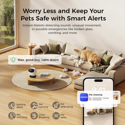 Robot M3 3K Pet Camera Treat Dispenser with 32ft Remote Tossing for Dogs & Cats – Reduces Separation Anxiety, 360° View, Indoor Security Camera with Phone App, Barking Alerts, No Subscription, 5G WiFi