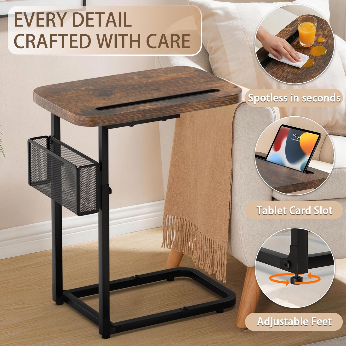 C Table End Table Adjustable Height,TV Tray Table with Storage Baskets