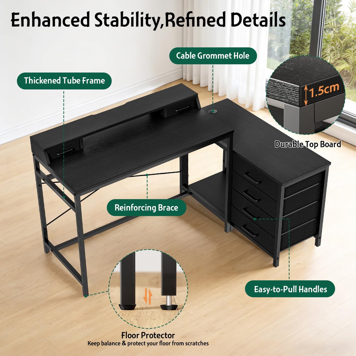 L Shaped Computer Desk with 4 Drawers Reversible Side Storage Shelves 39.3 Inch Office Corner Desk Computer Table Writing Study Table for Home Office Bedroom Small Space