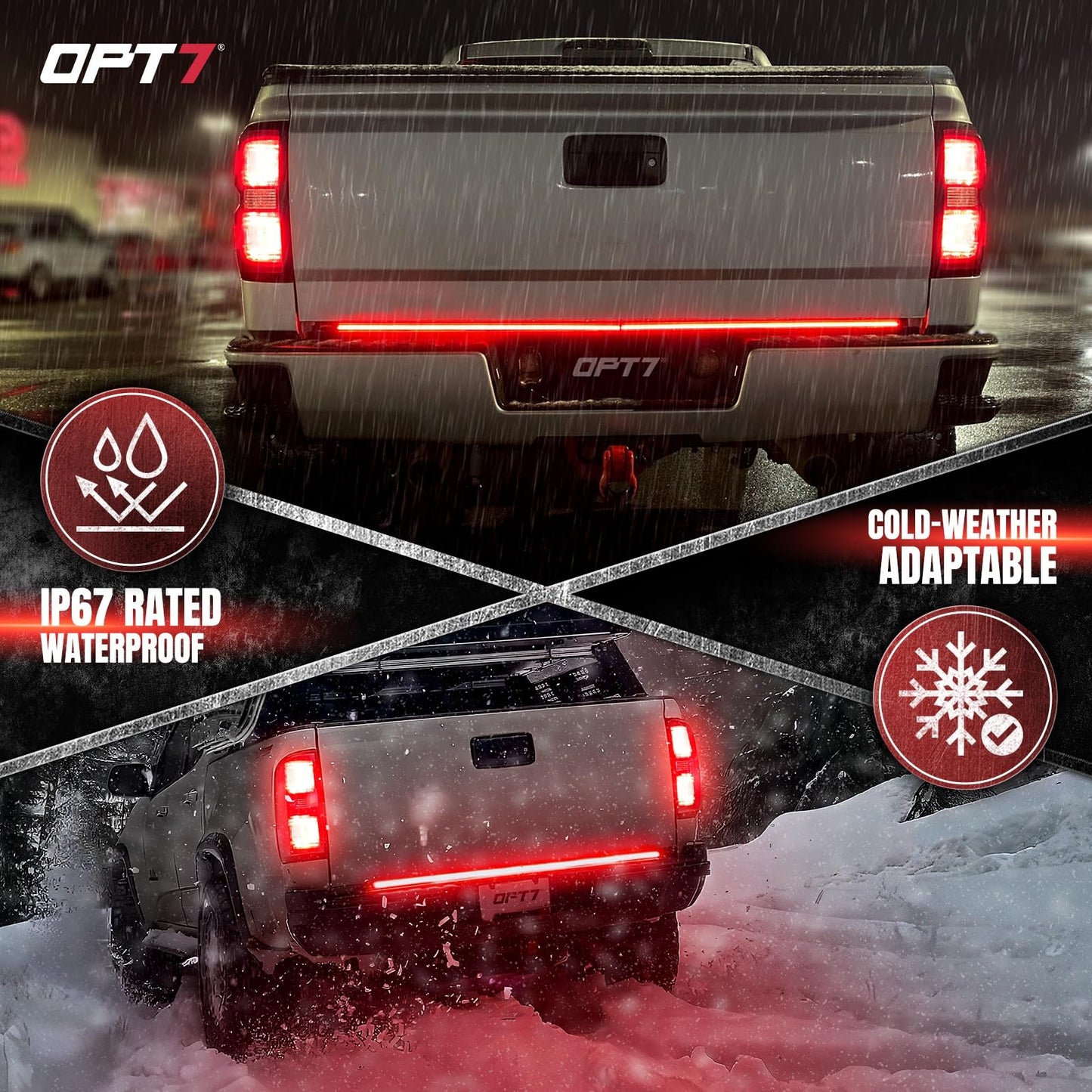 OPT7 48'' Redline Triple Row LED Tailgate Light Bar w/Sequential Red Turn Signal - Weatherproof Rigid Aluminum Frame Light Strip for Maverick Colorado - Full Function Reverse Brake Running