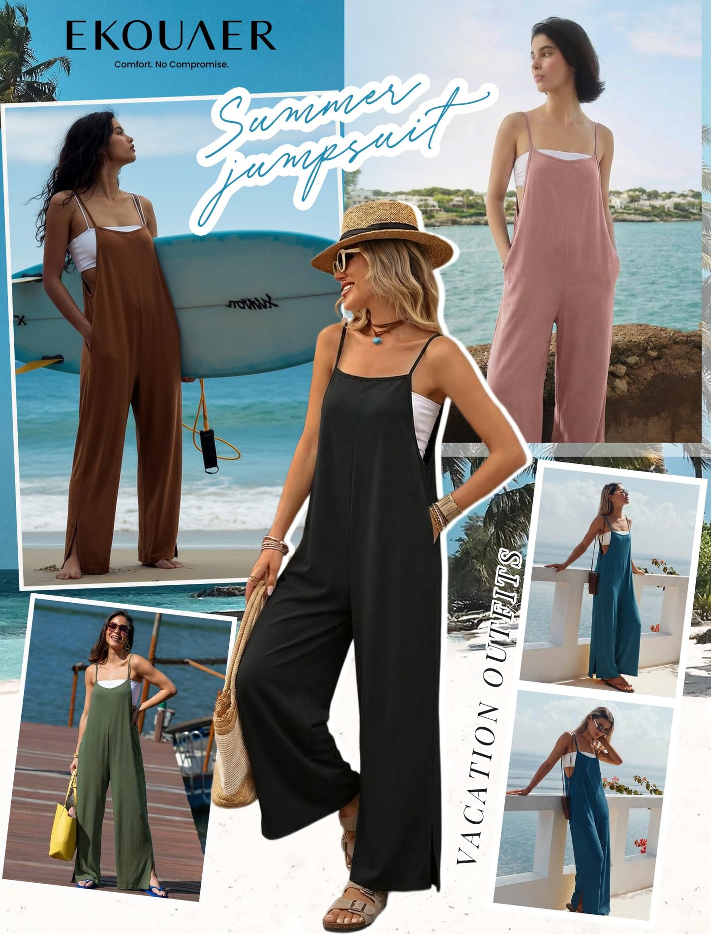 Ekouaer Womens Causal Sleeveless Jumpsuits Summer Boho Wide Leg Floral Overalls Rompers with Pockets Black M