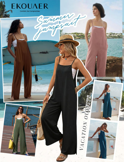 Ekouaer Womens Causal Sleeveless Jumpsuits Summer Boho Wide Leg Floral Overalls Rompers with Pockets Black M