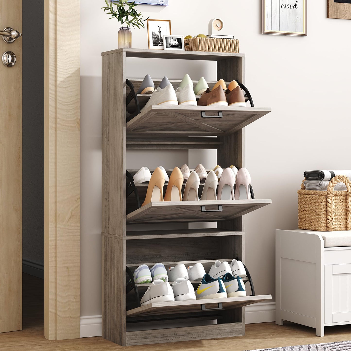 HOMEFORT Shoe Storage Cabinet for Entryway,24" Slim Shoe Organizer with 3 Flip Drawers, Narrow Shoe Rack for Front Door Entrance Washed Gray